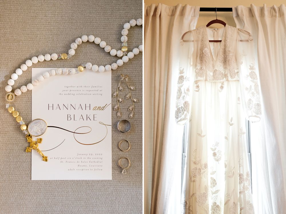 Pearl and crystal wedding decor elements with white curtains and elegant signage.