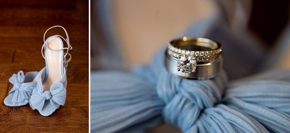 Wedding details including rings, blue bow, and delicate accessories arranged artistically.