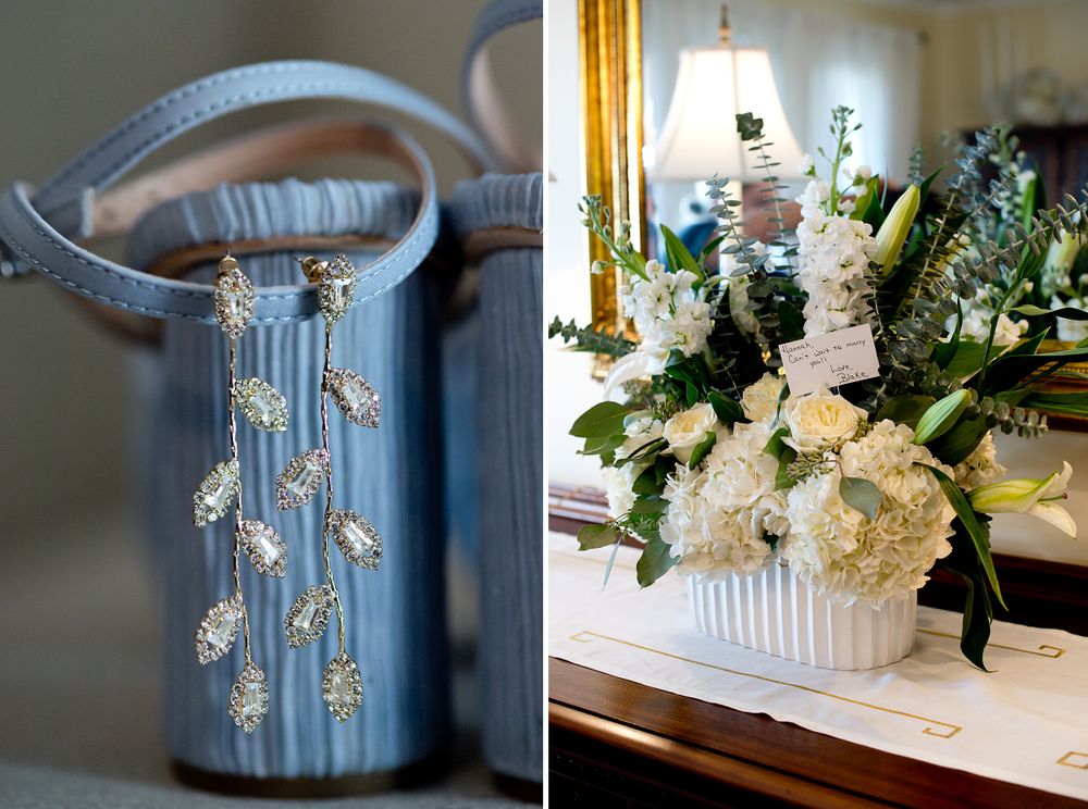 Blue and white floral arrangements with crystal accents in elegant vases.