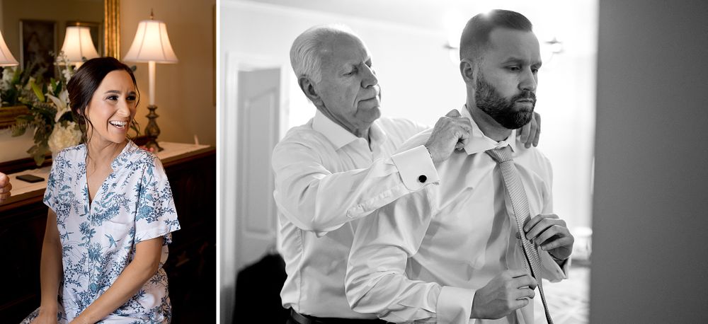 Black and white candid moments captured during wedding preparations.