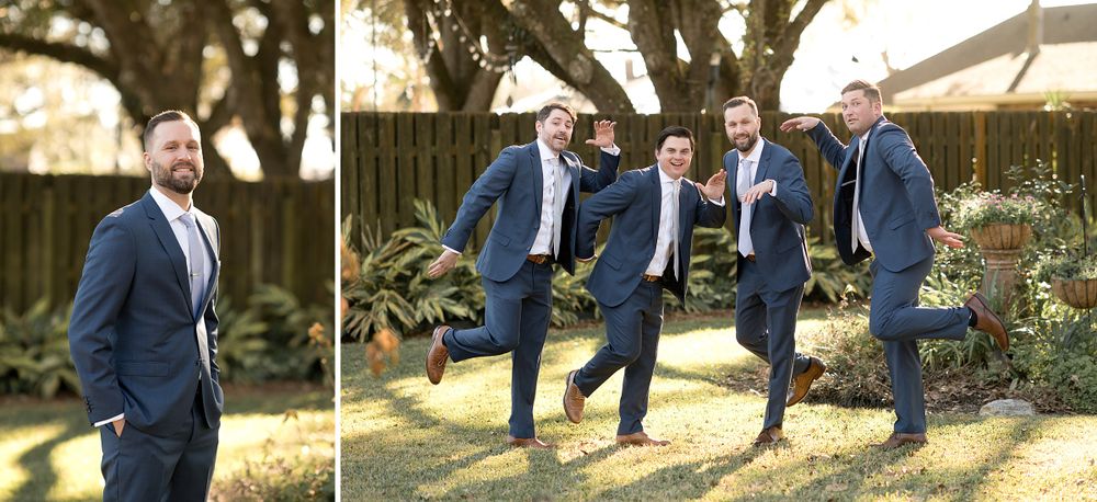 Wedding party having fun with playful poses in an outdoor setting.
