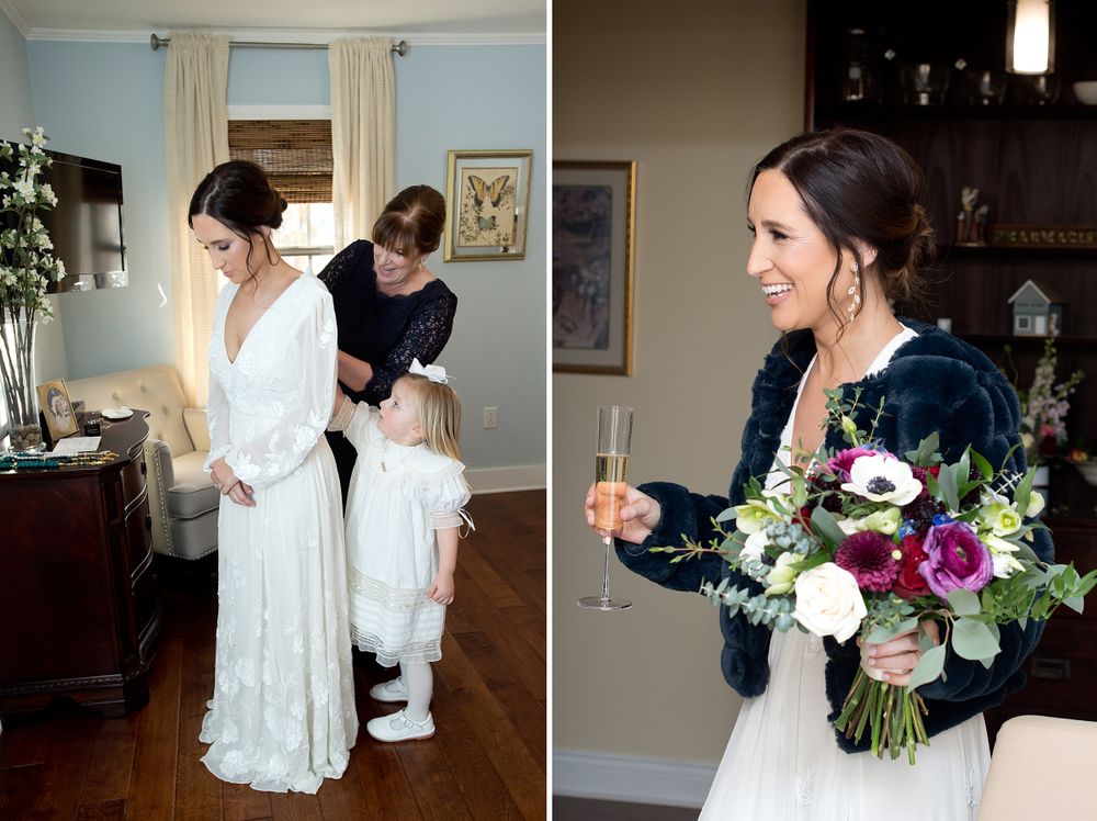 Getting ready moments with white robes and purple floral bouquets.