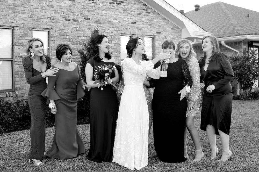 A series of black and white wedding photos showing a couple and guests celebrating outdoors.