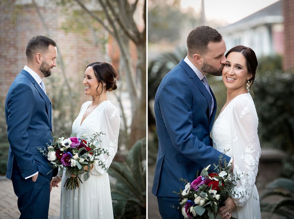 Sequence of romantic wedding portraits against a brick building with landscaping.