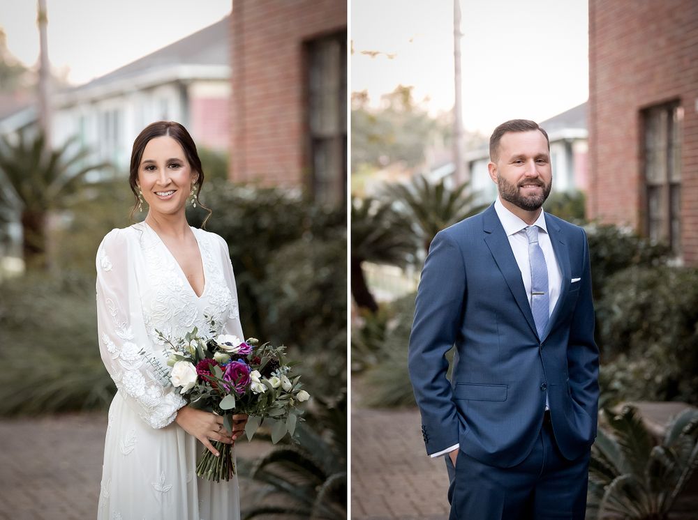 Wedding photo series showing couple's romantic moments against architectural backdrop.