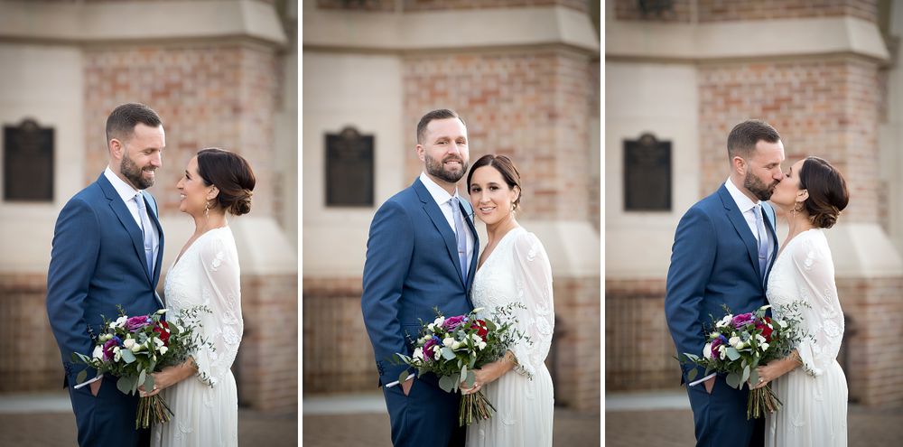 Series of intimate wedding portraits against rustic brick church walls.