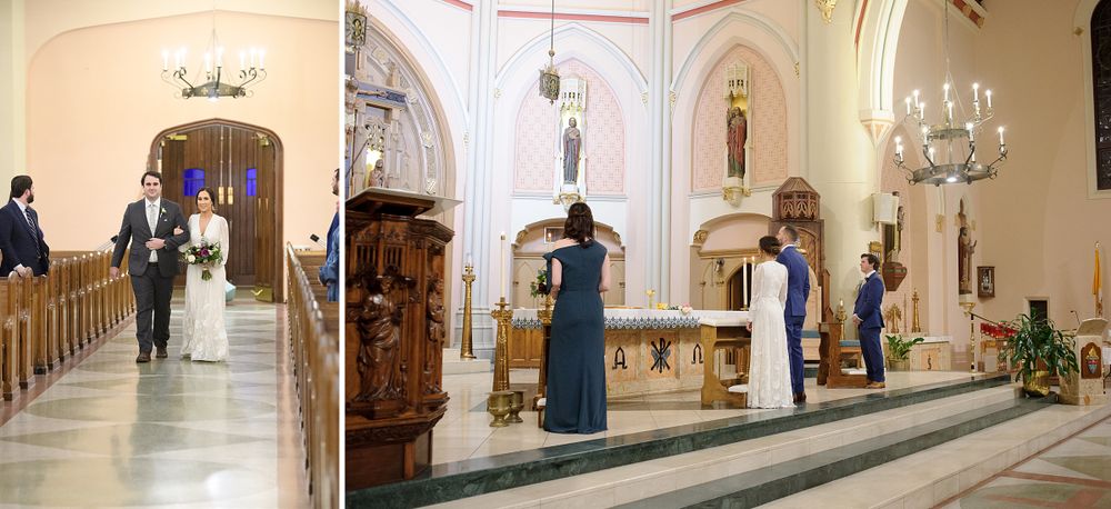 Panoramic view of church interior with wooden pews and traditional decor.