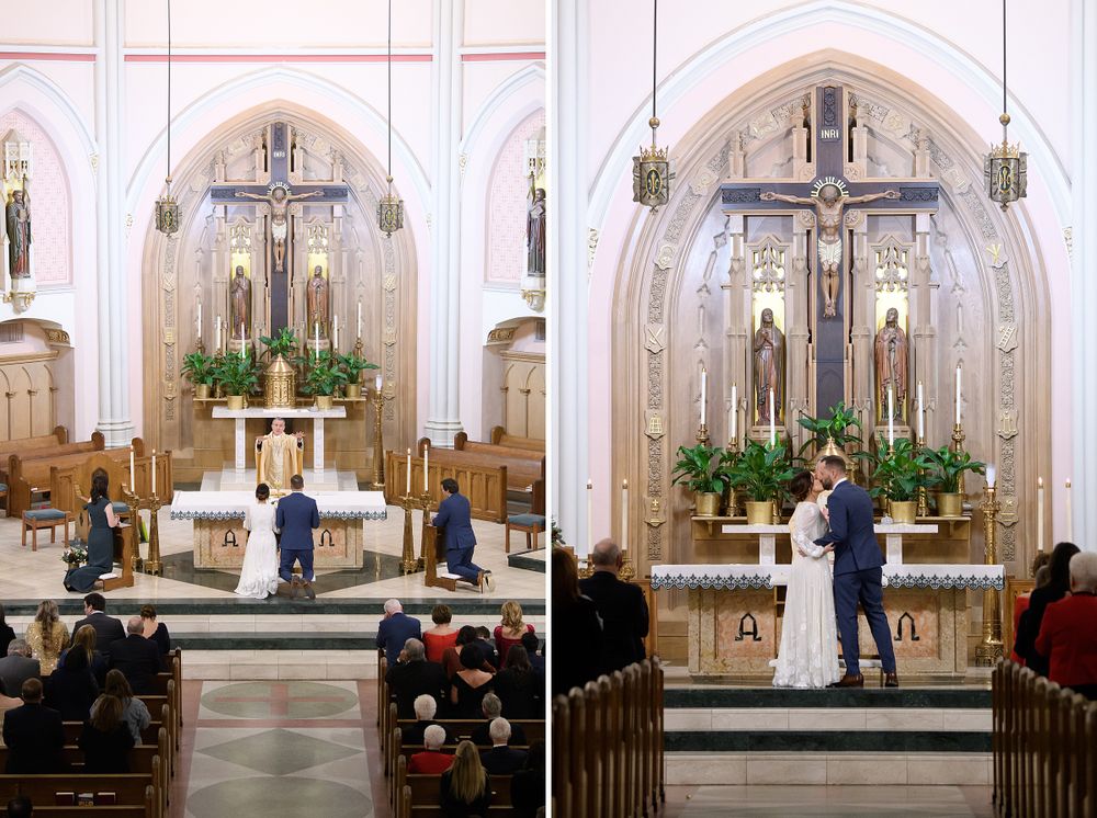 A sequence of church wedding ceremony photos showing the altar and aisle in a traditional Catholic church setting.