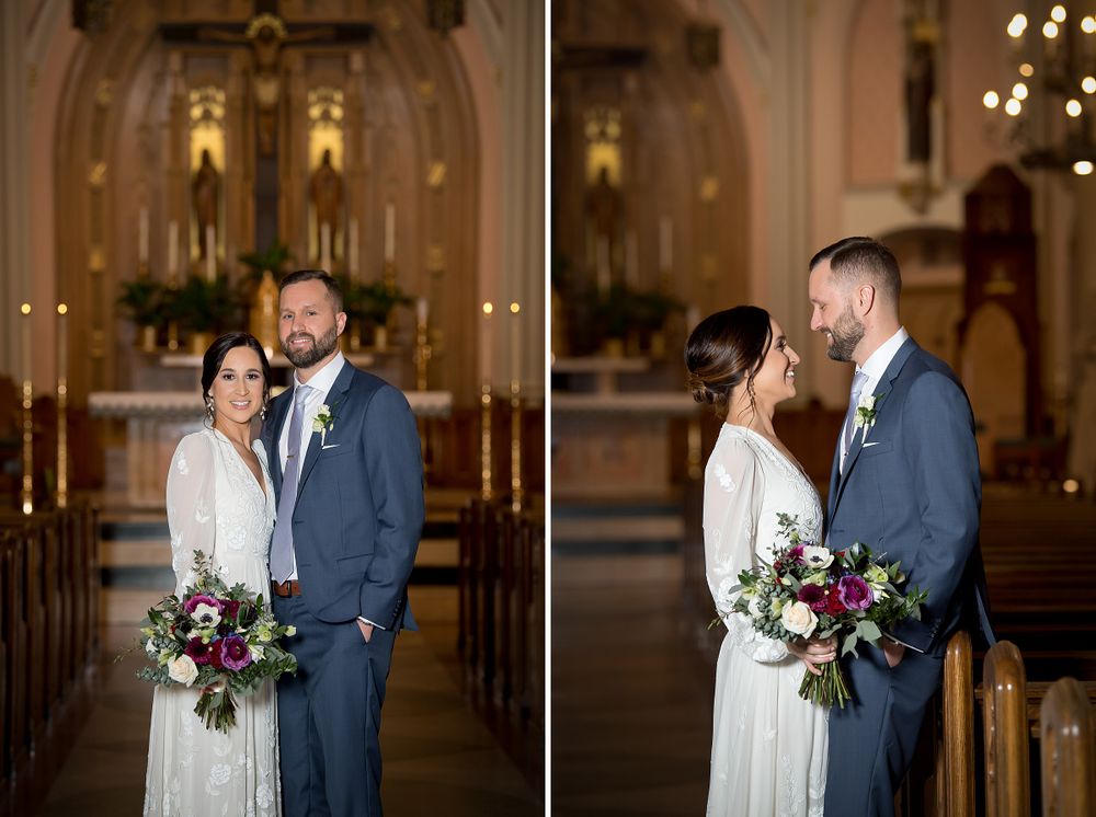 Romantic church wedding photos with soft lighting and elegant architecture.