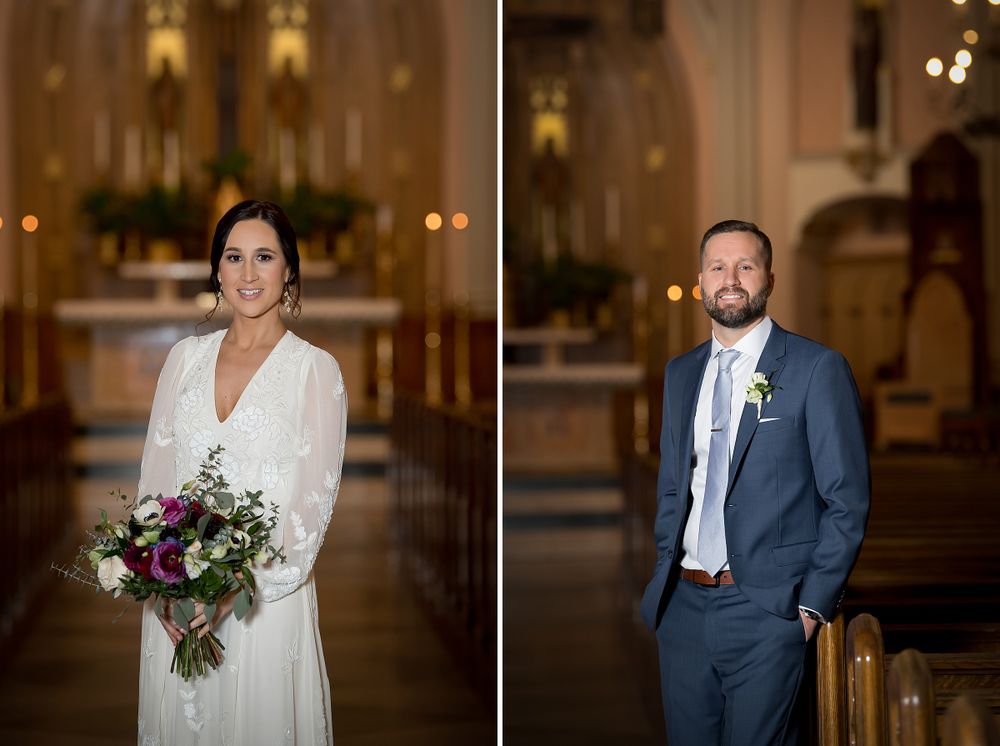 Romantic wedding portraits in a dimly lit church with gothic architecture and warm lighting.