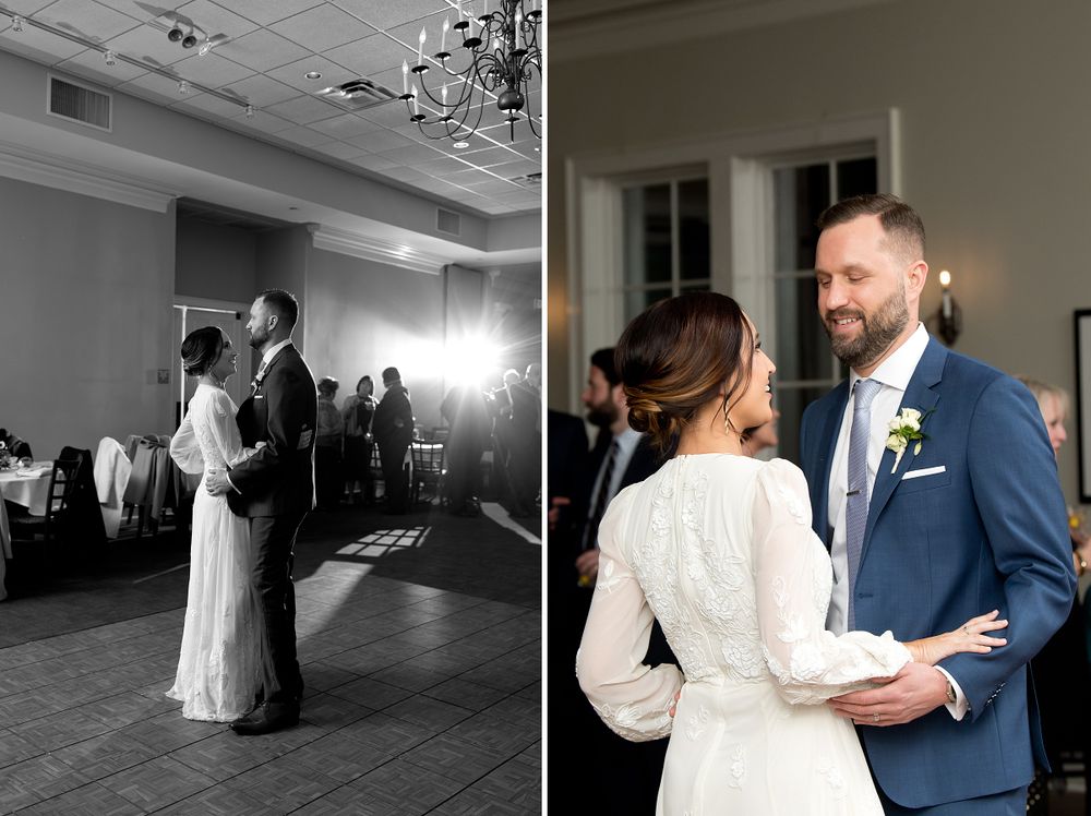 Wedding couple dancing and embracing during their first dance in a reception hall.