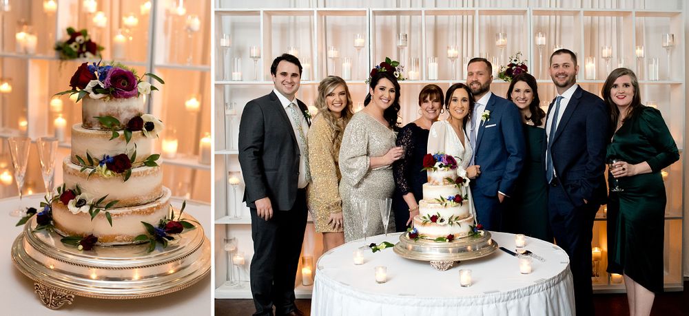 Wedding reception details including cake, decorations, and guest tables with elegant chandeliers overhead.