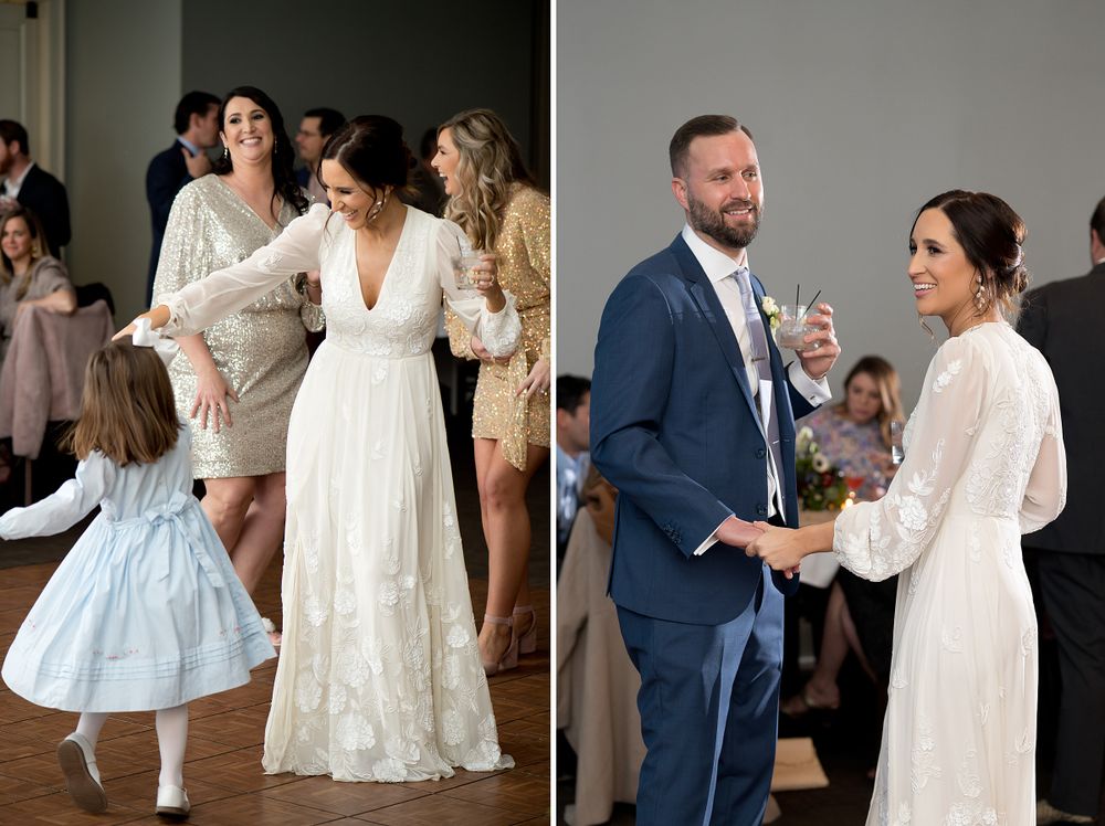 Sequence of candid dancing moments from a wedding reception showing movement and joy.