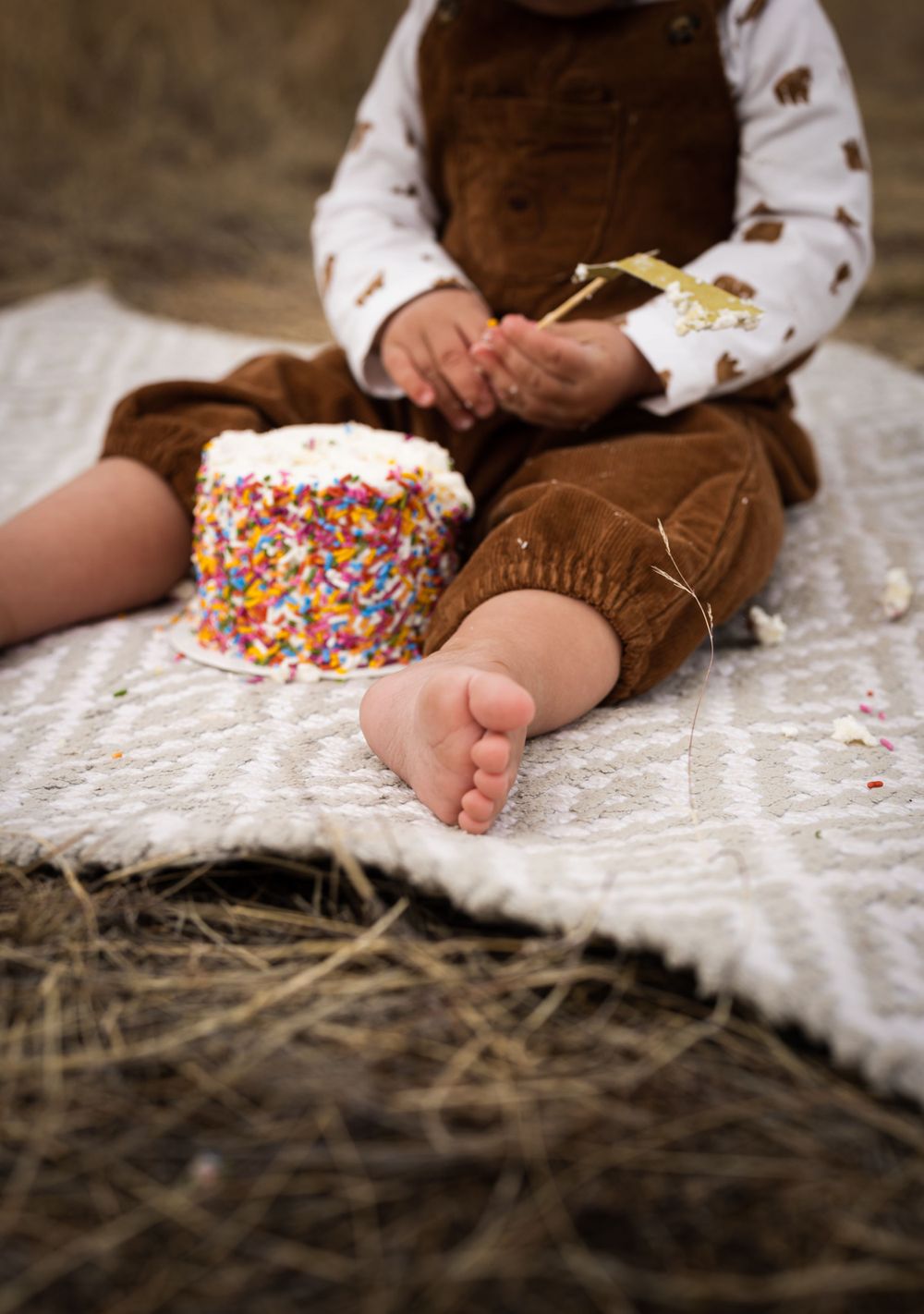 Small feet and hands beside a birthday cake covered in colorful sprinkles on a white blanket.