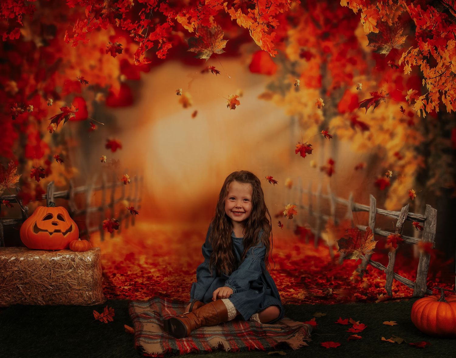 Dreamy fall portrait with cascading red leaves and pumpkins in a magical forest setting.