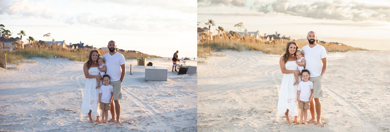 Family dressed in white stands together on a sandy beach at sunset, shown before and after edit