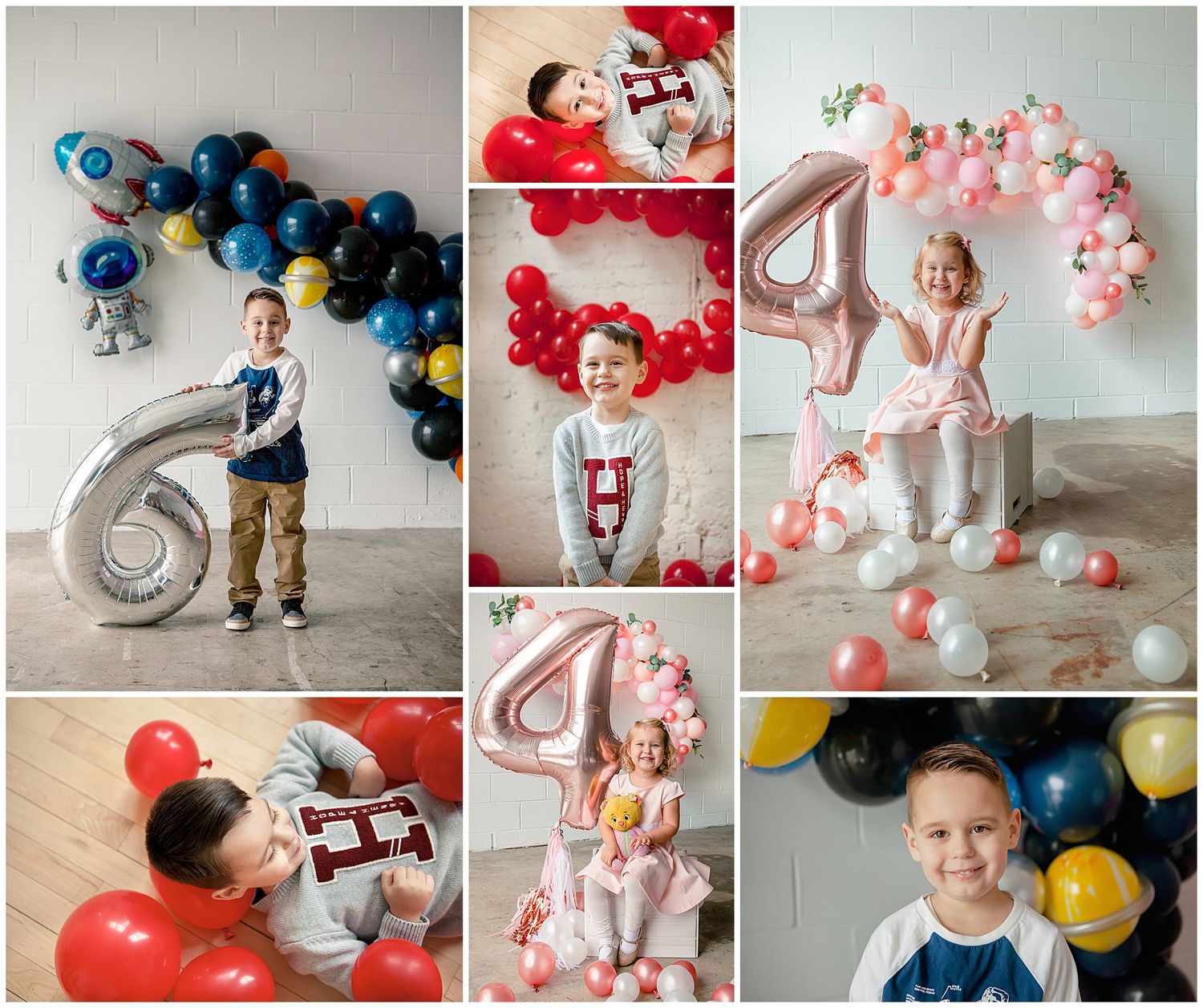 Birthday photo collage featuring balloon arrangements and number decorations in various colors.