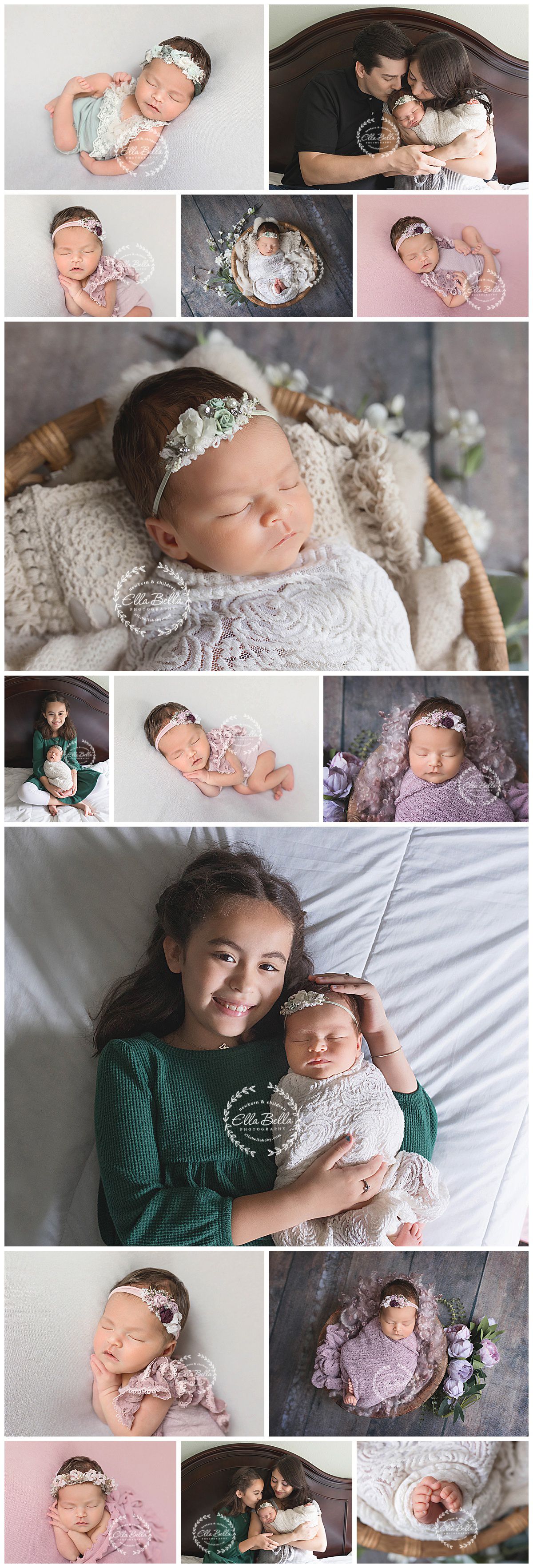 Professional newborn photography collage featuring baby portraits in lace and floral headpieces.
