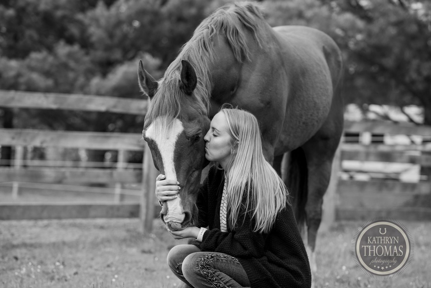 Black and white portrait of tender interaction between horse and person in outdoor setting.