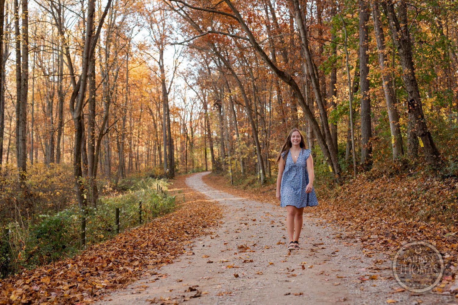 A person in a blue dress strolls down a curved forest path covered in fallen autumn leaves.