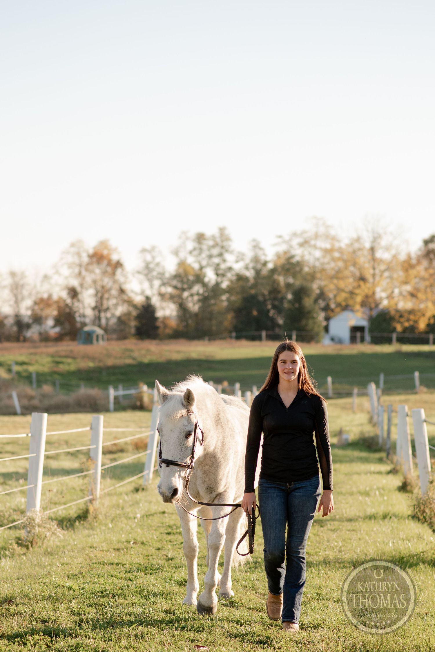 Person leading white horse down grassy path between white fences during sunset.