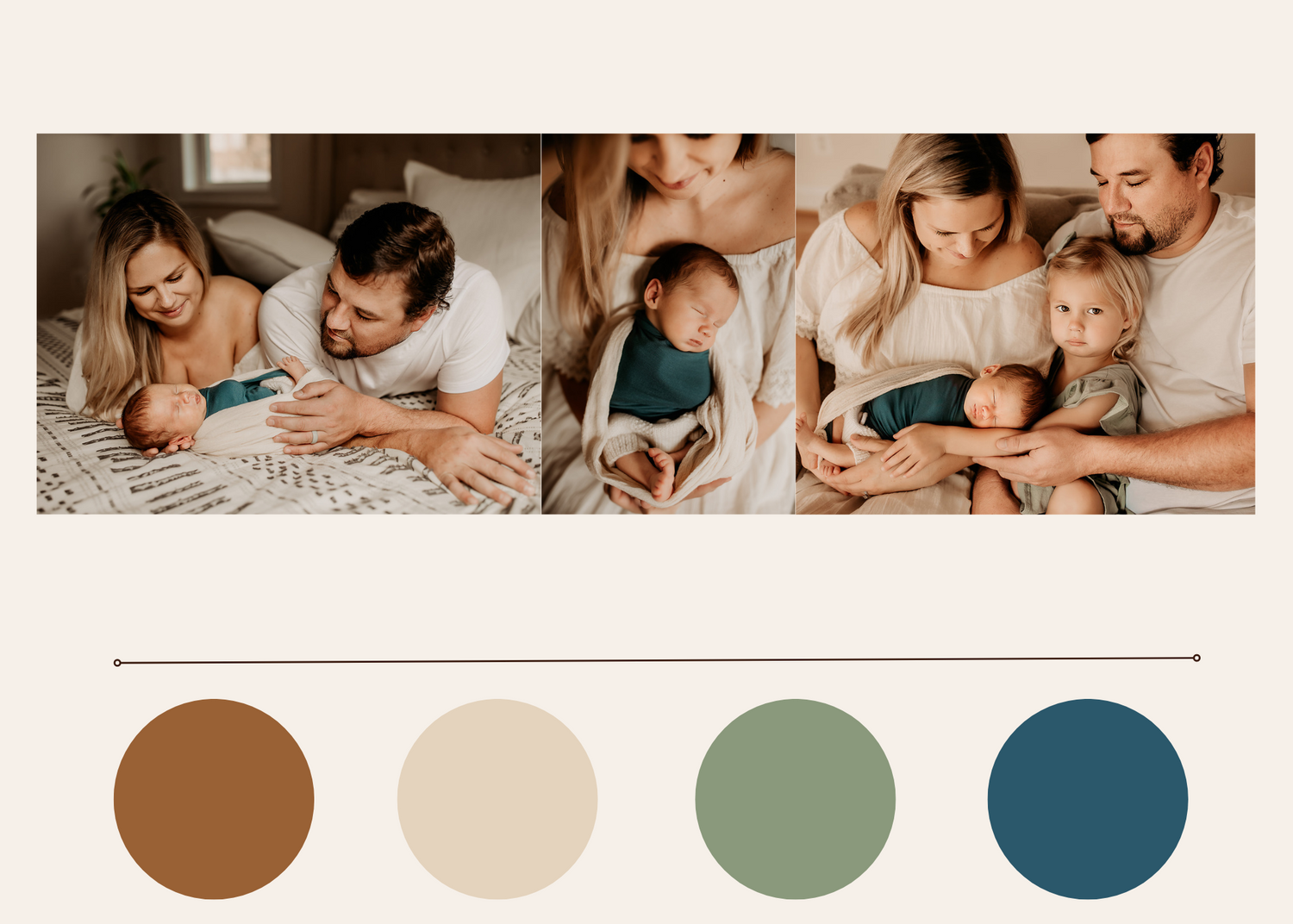 A color palette display with newborn session images wearing the colors displayed.
