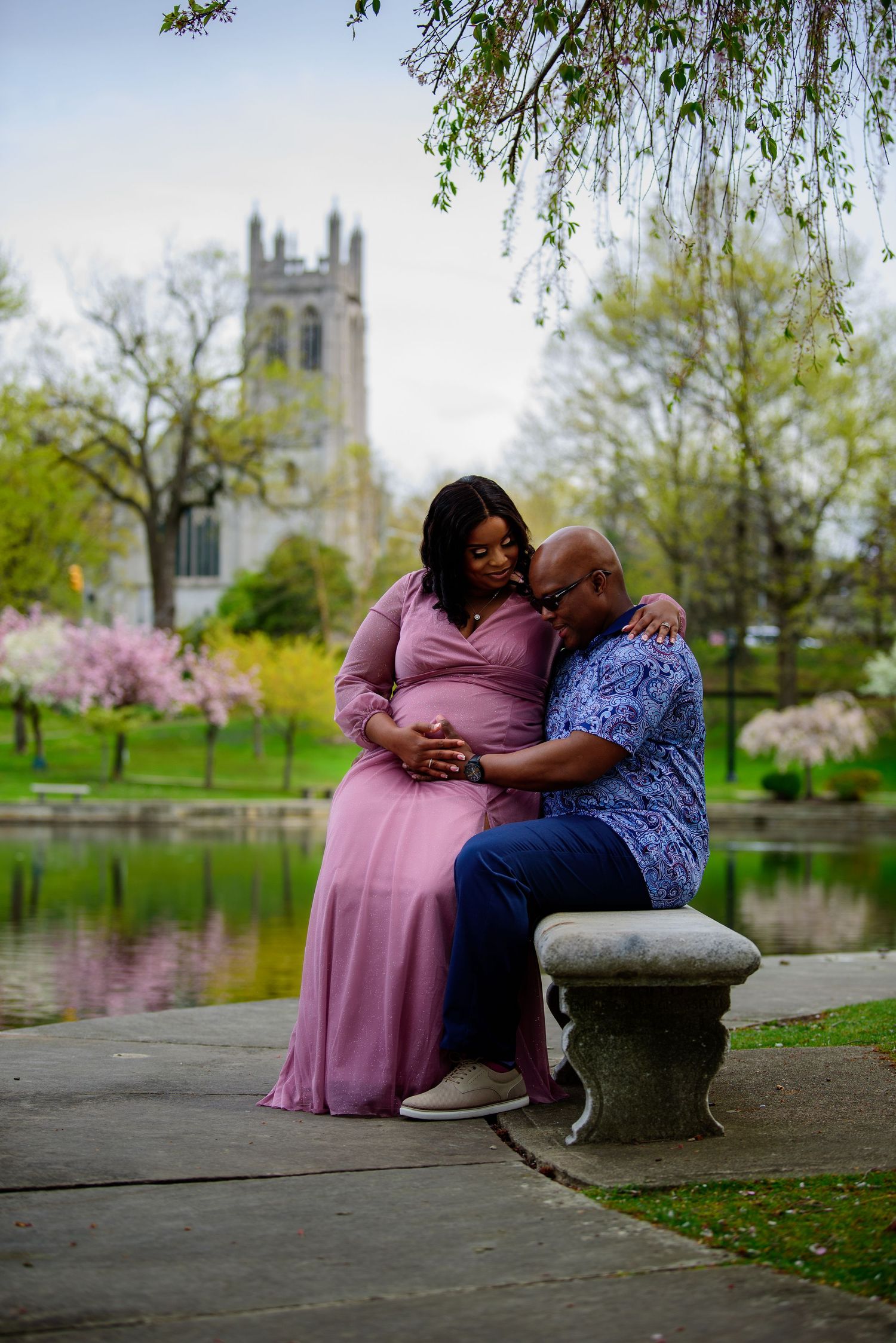 Series of outdoor photos taken near a pond with blooming spring trees in the background.