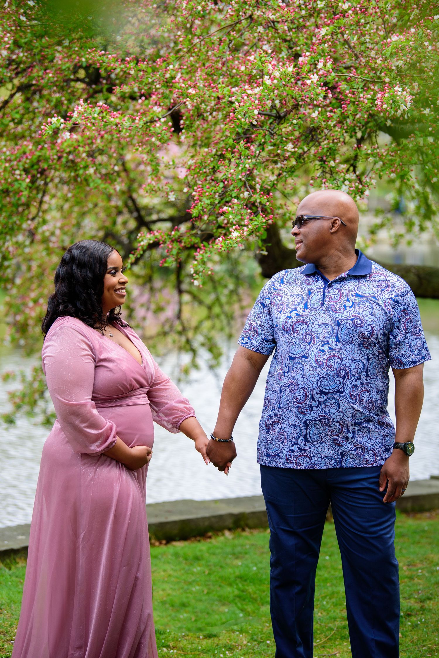 Series of romantic springtime photos taken in a park with blooming cherry trees.