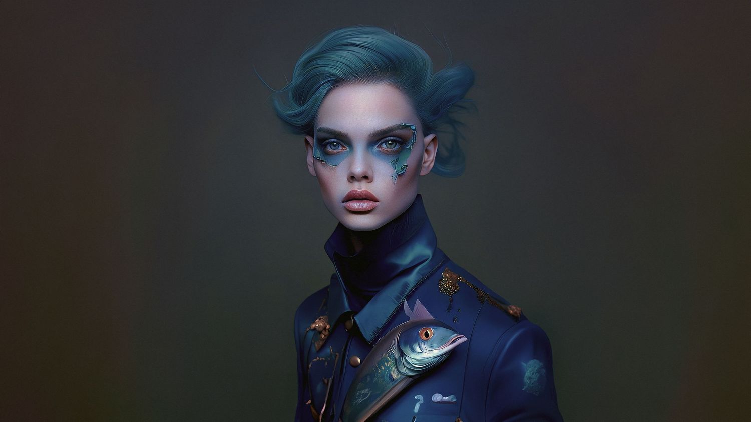High fashion portrait featuring blue hair and avant-garde military-inspired jacket.