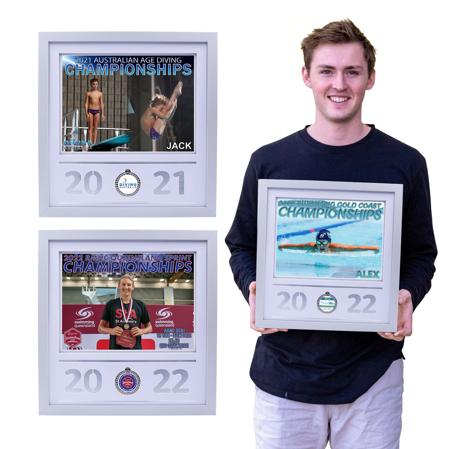 Athlete proudly displays framed competition photos from 2021 and 2022 while wearing a navy sweatshirt.