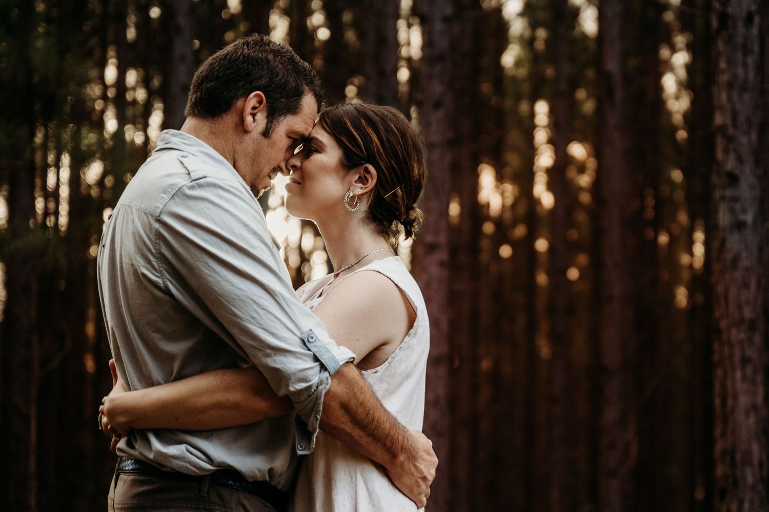An intimate moment between a couple in a pine forest with warm lighting.