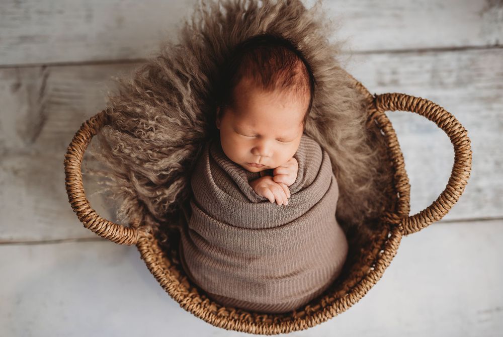 Newborn baby boy sleeping in basket filled with fur