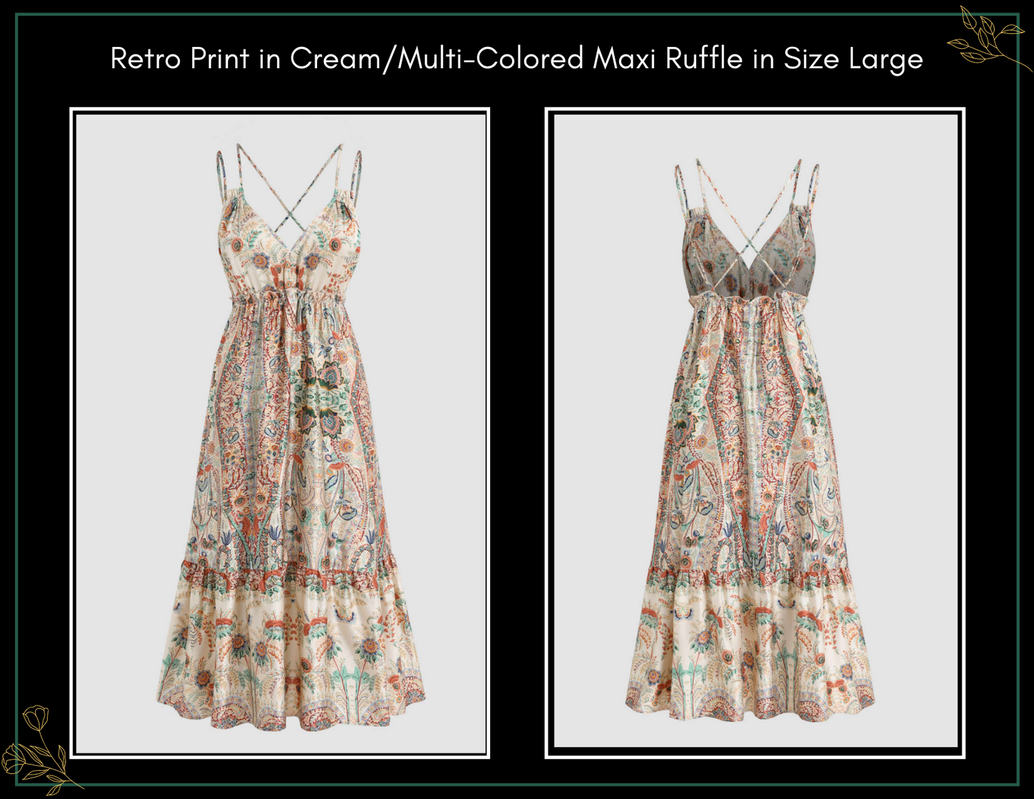 Cream multi-colored retro print ruffle maxi dress with V-neckline and tiered skirt, size large.