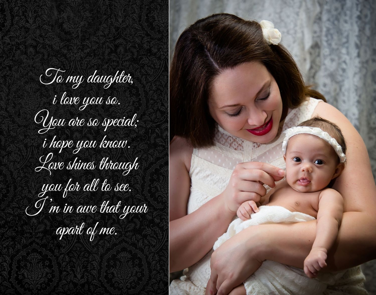 Artistic black and white newborn photography collection with elegant text overlays.