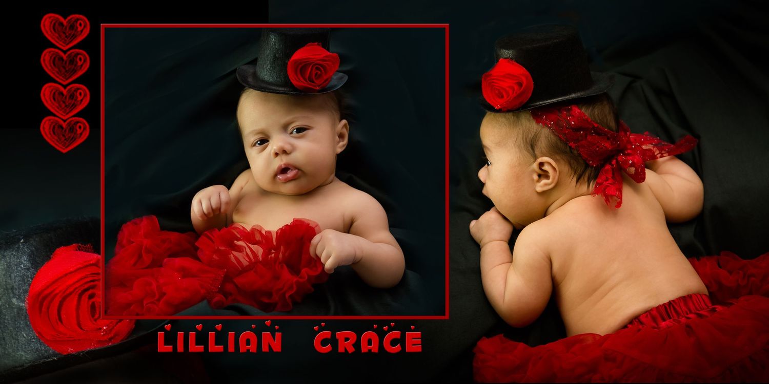 Dramatic red and black themed newborn photography series with decorative elements.