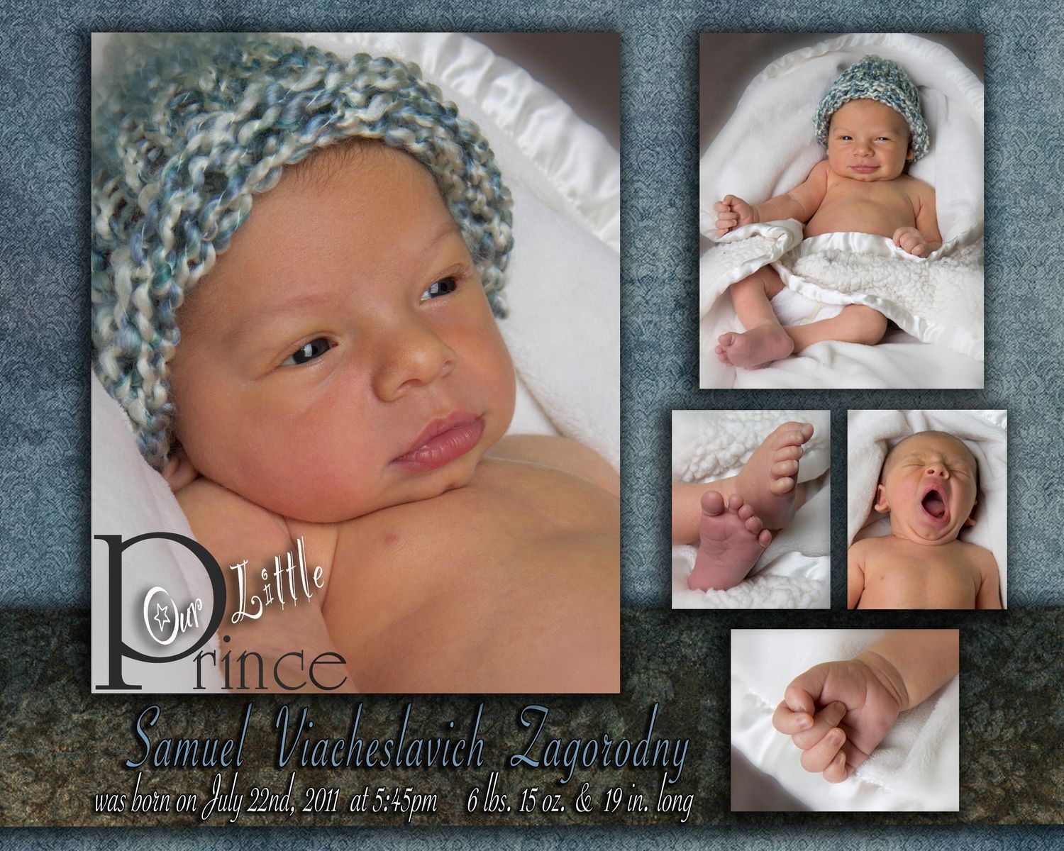 A collage of newborn baby photos with soft blue tones and decorative borders.