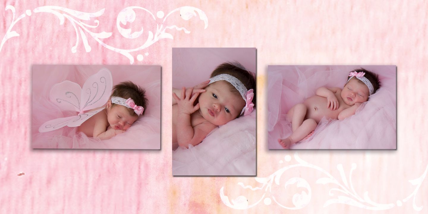 Soft pink toned newborn photography collection arranged in a gentle collage.