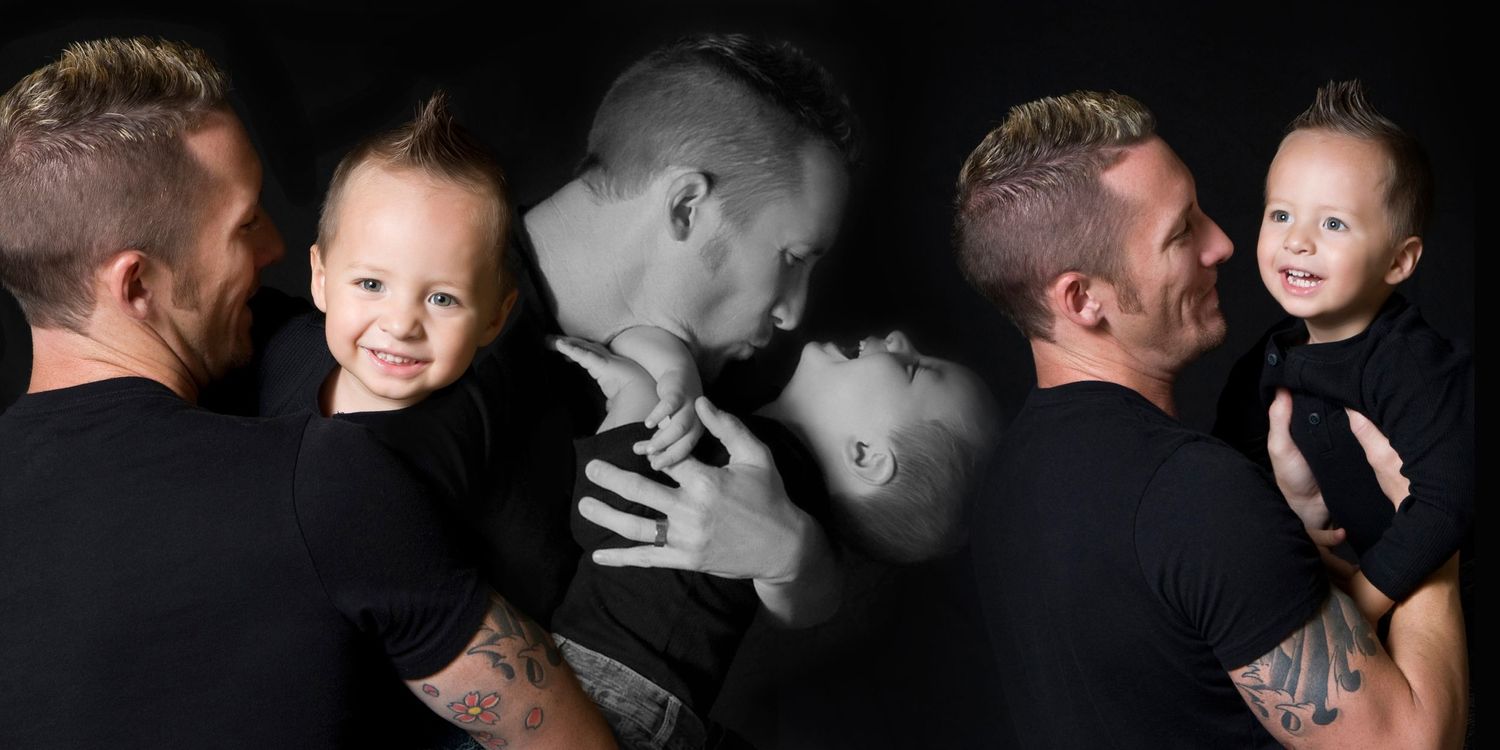 Black and white family photo collage with multiple candid moments arranged in a row.