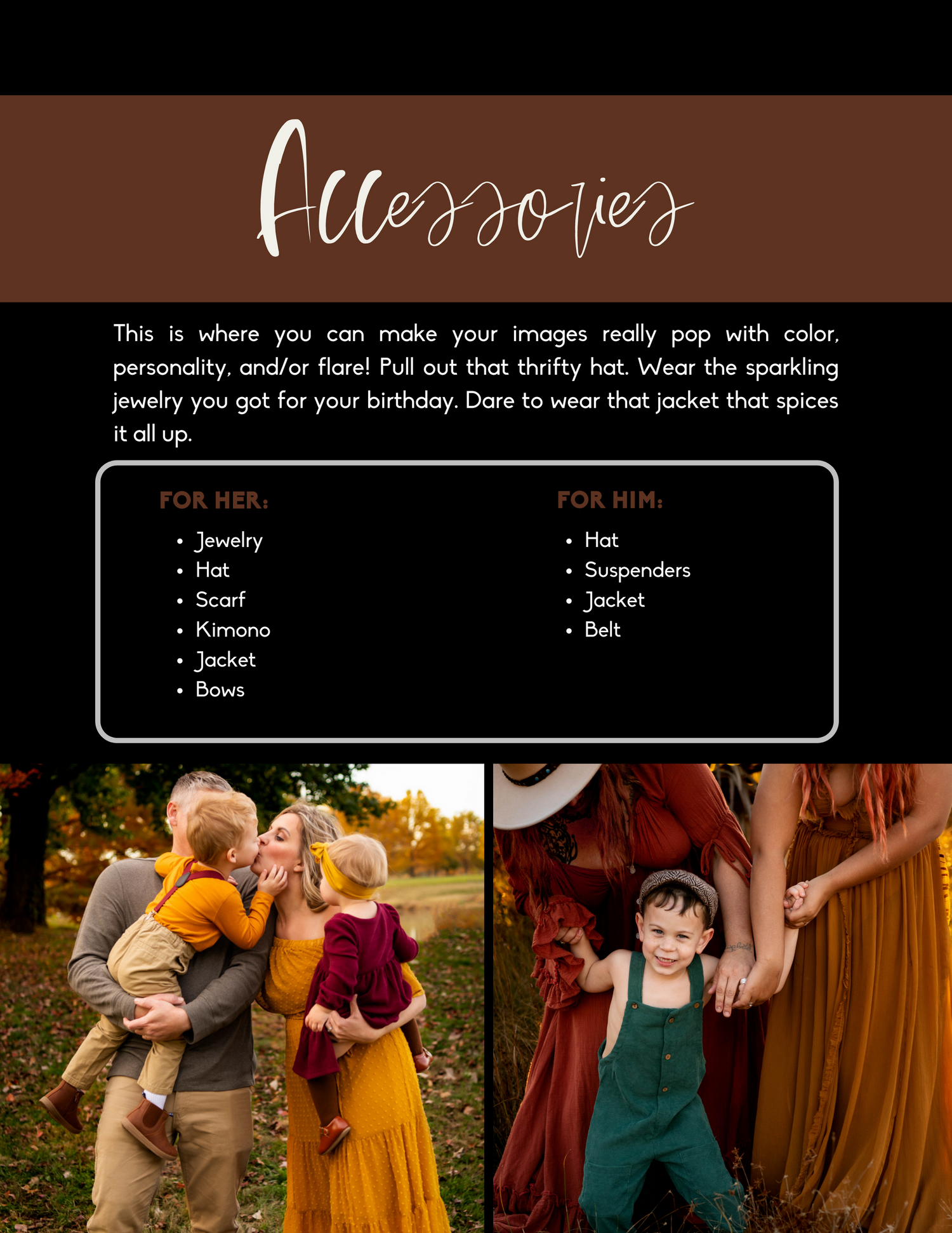 Photography session accessories guide with fall family photos highlighting jewelry, hats, and layered outfits.