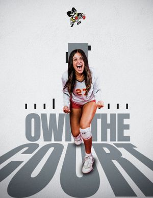 Artistic sports marketing photo with white background and bold text graphic design.