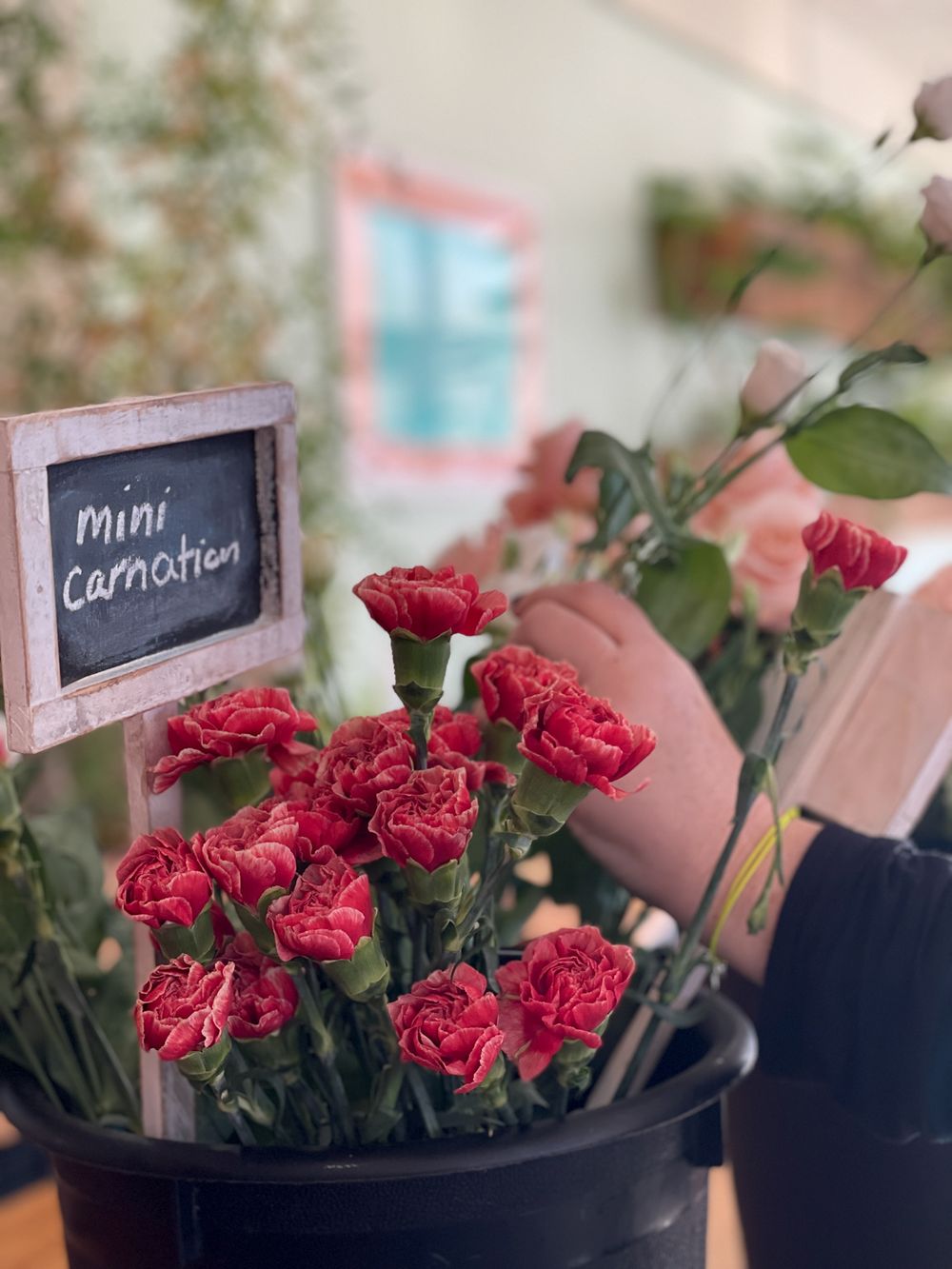 Mini carnation flowers in bright red displayed with small chalkboard sign.
