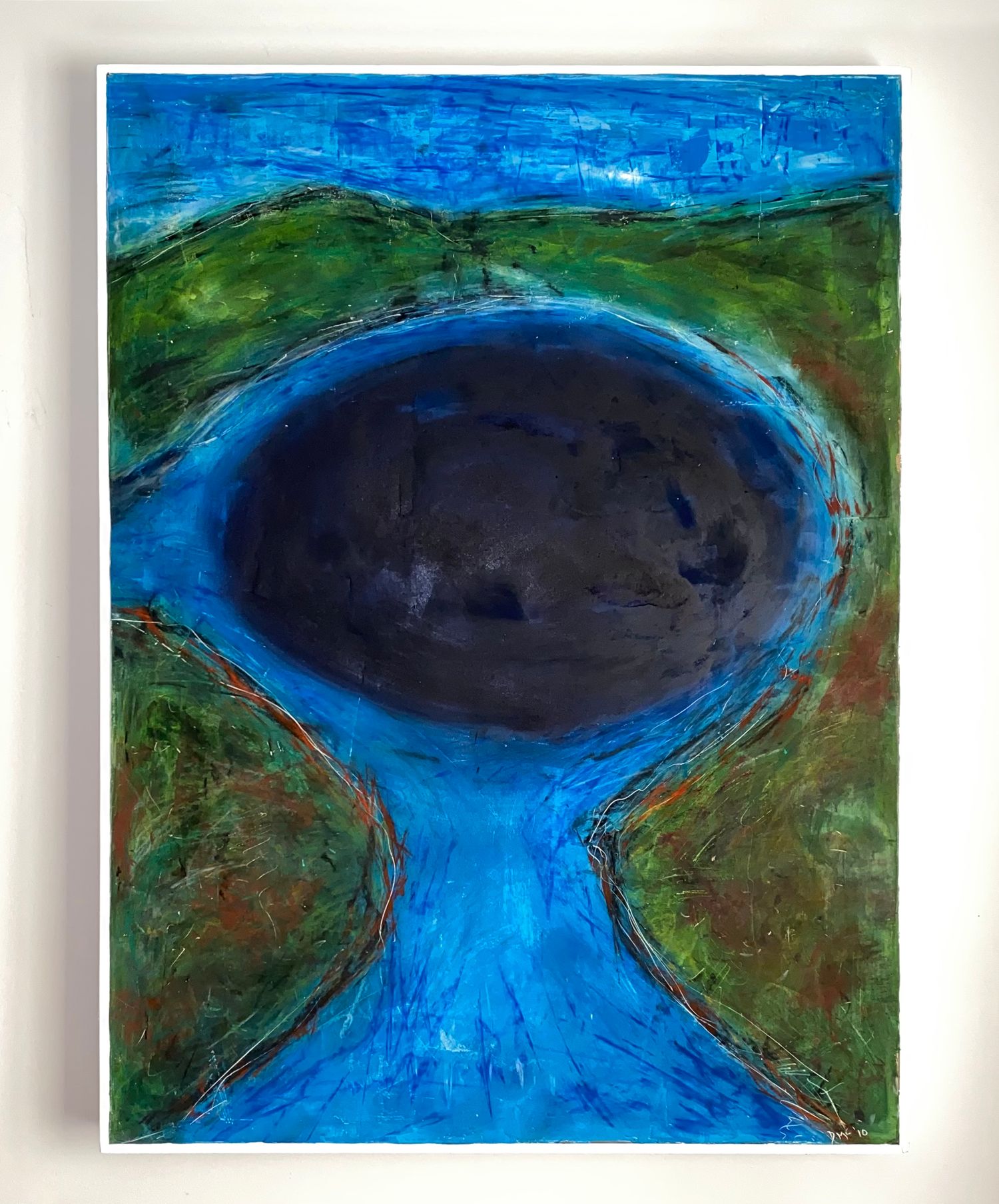'Oceanic Blue Hole I' mixed media painting on canvas. Blue, circular body of water on a green background.
