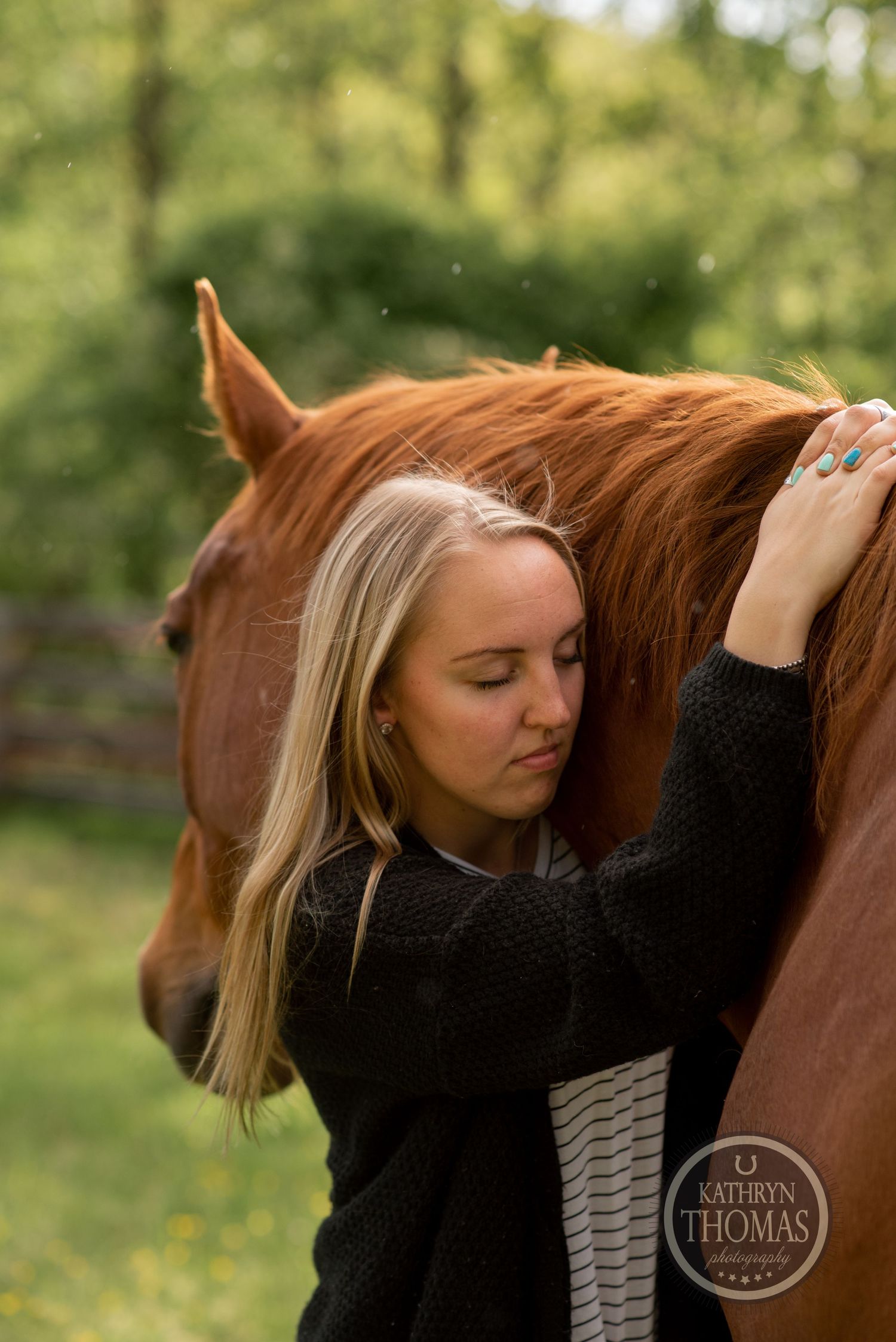 A close-up of gentle interaction with a chestnut horse's mane in soft natural lighting.
