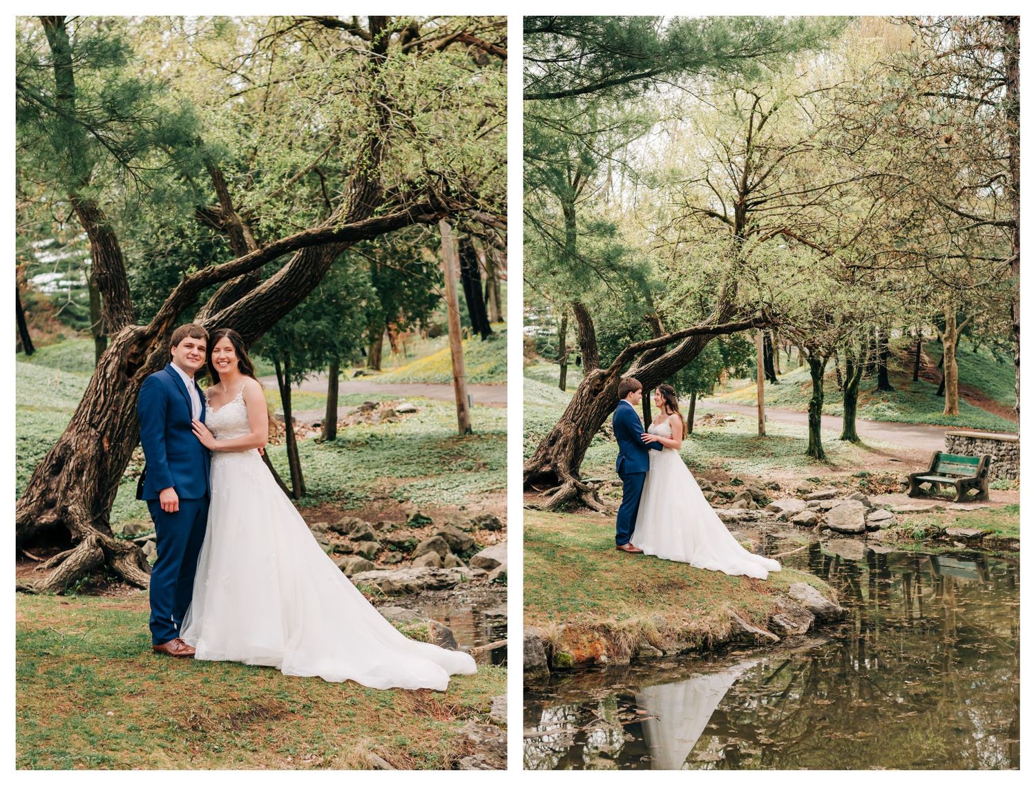 bride and groom pose for a portrait photo under a tree by a small creek