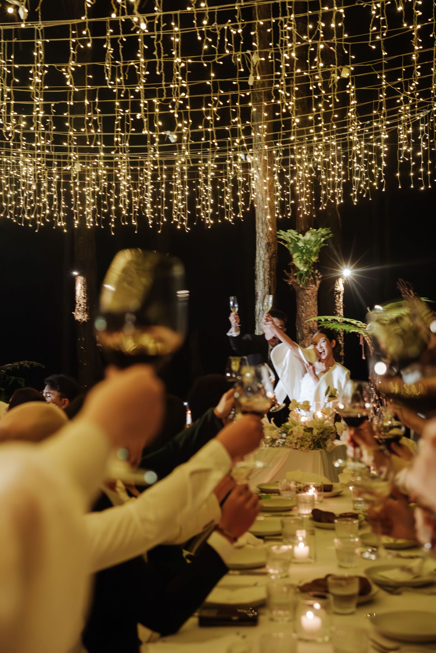 Wedding guests raising glasses in a toast under a canopy of fairy lights at an elegant outdoor reception.