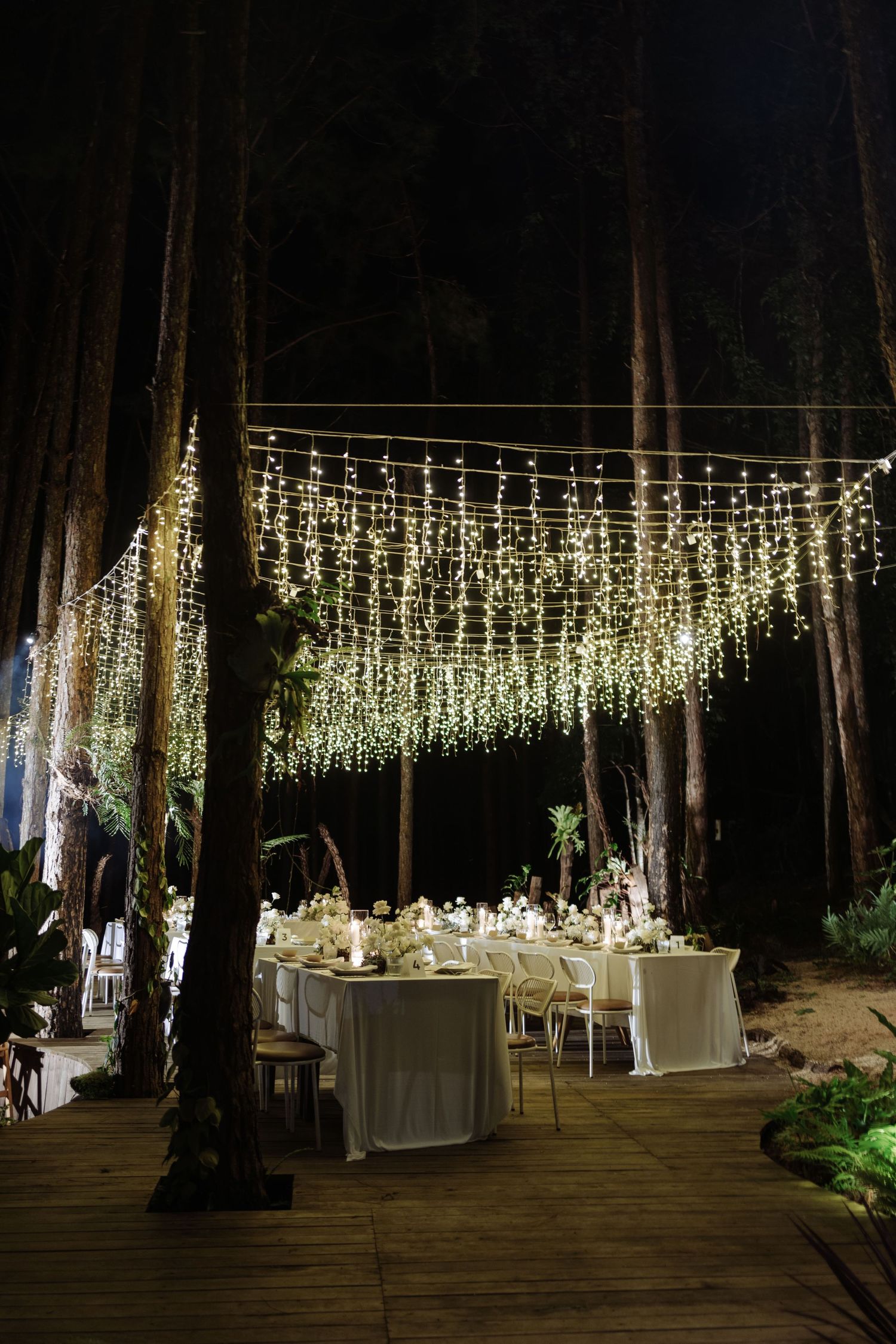 Enchanting outdoor wedding reception under fairy lights and greenery canopy among tall trees at night.