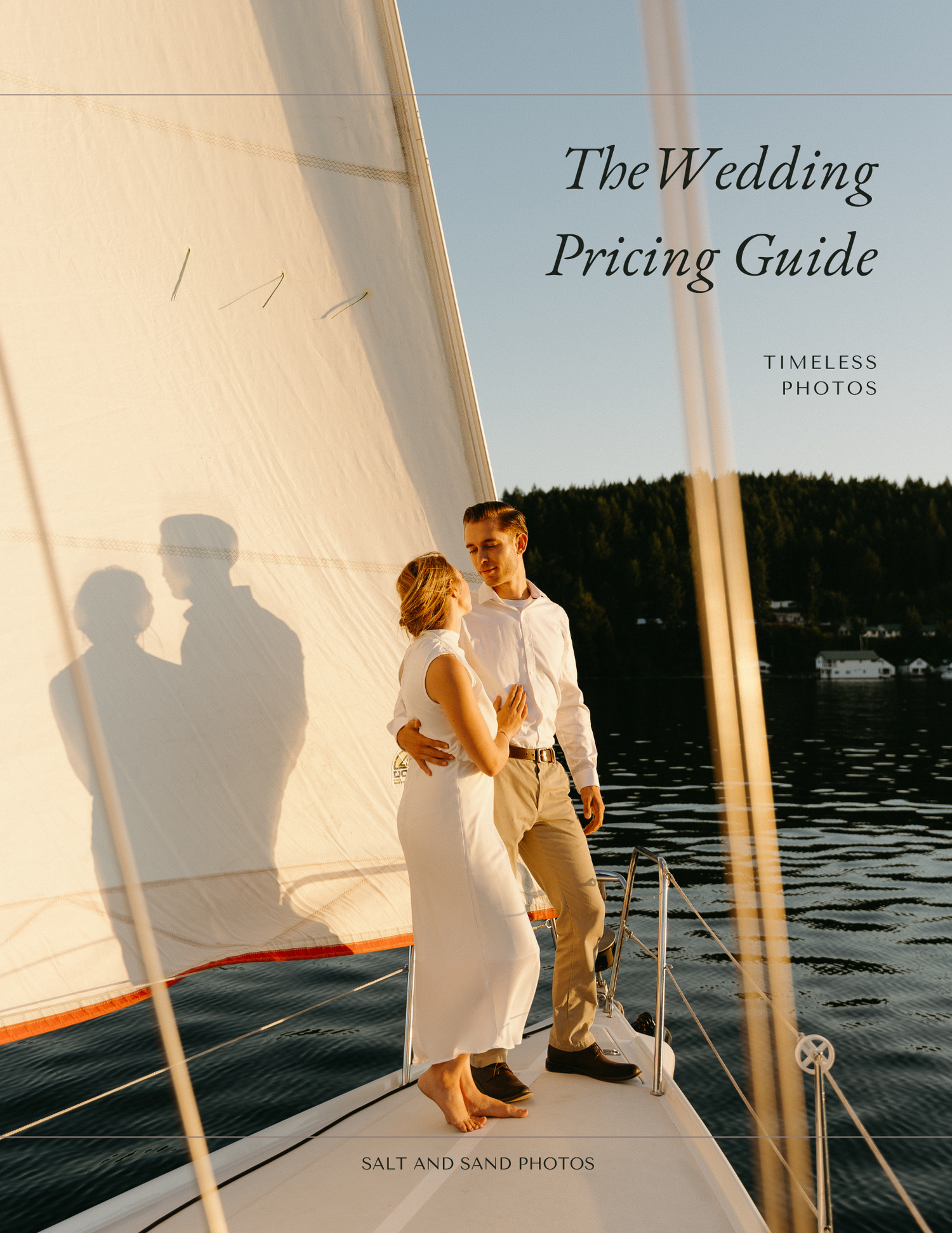 Couple embracing on a sailboat at sunset with their shadows cast on the sail.