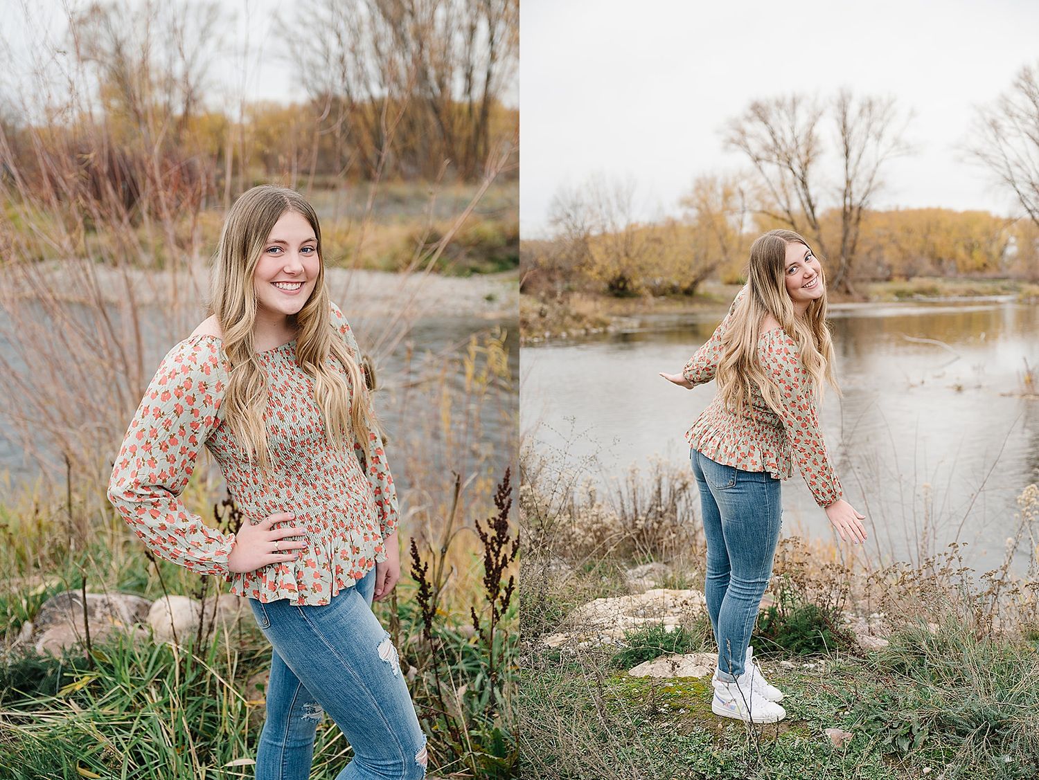 Fashion photos by a lake showing model in leopard print top and jeans during autumn.
