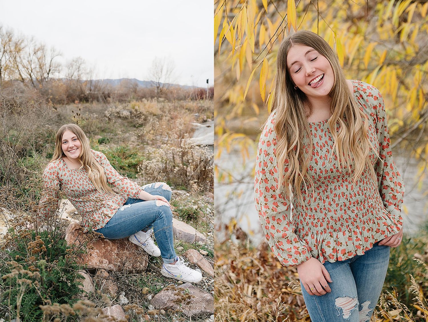 Casual lifestyle portraits by water featuring leopard print blouse and distressed jeans.