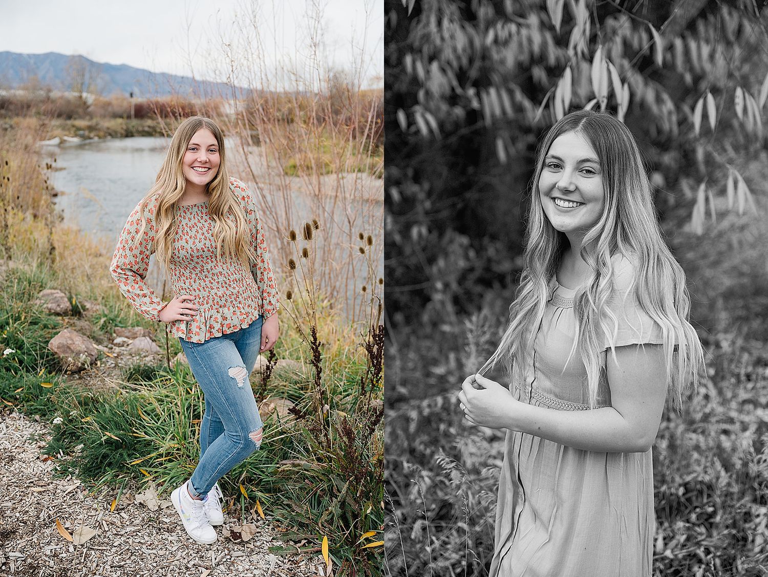 Side-by-side color and black & white portraits taken near a scenic river landscape.